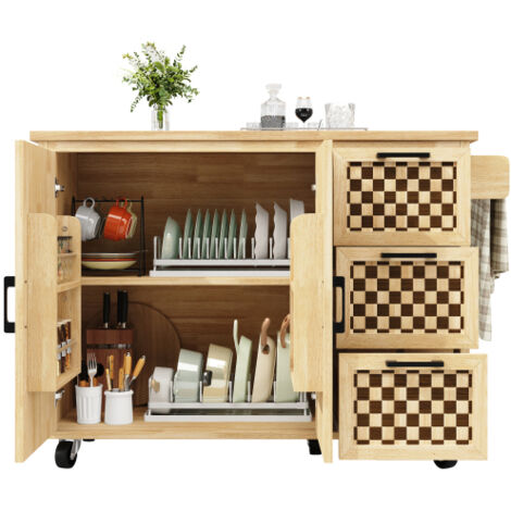 Îlot de cuisine, meuble de rangement, buffet, desserte à roulettes, équipée d'un porte-serviettes, d'une étagère intérieure, de deux portes et de trois tiroirs, motif damier, finition bois, 120 x 45 (