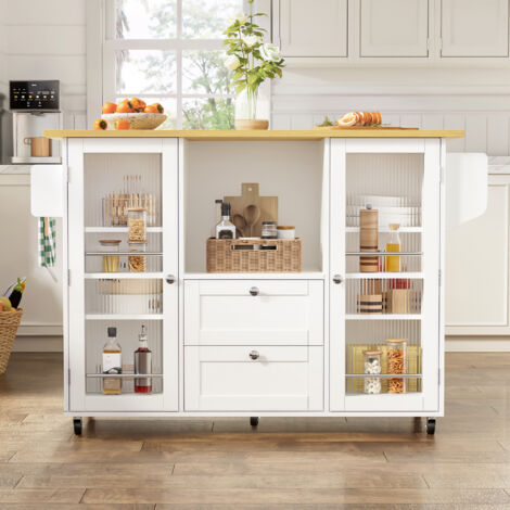 Îlot de cuisine mobile 120×45(70)×92 cm – Plateau rabattable – Rangements intégrés – MDF mélaminé