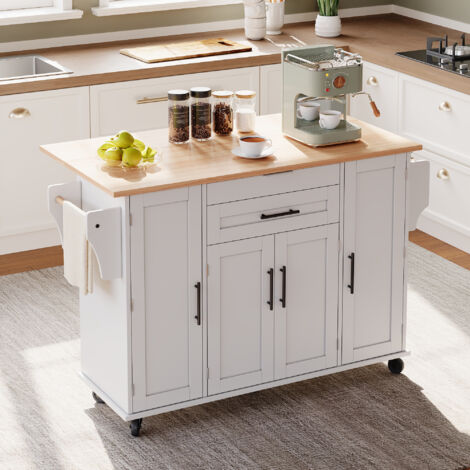 Îlot de cuisine mobile 136x70x92 cm avec plateau extensible, tiroirs, étagères réglables, MDF blanc naturel