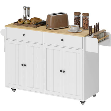 Îlot de cuisine mobile avec 2 tiroirs, 2 placards, étagère à épices, porte-serviettes et porte-couteaux en MDF blanc