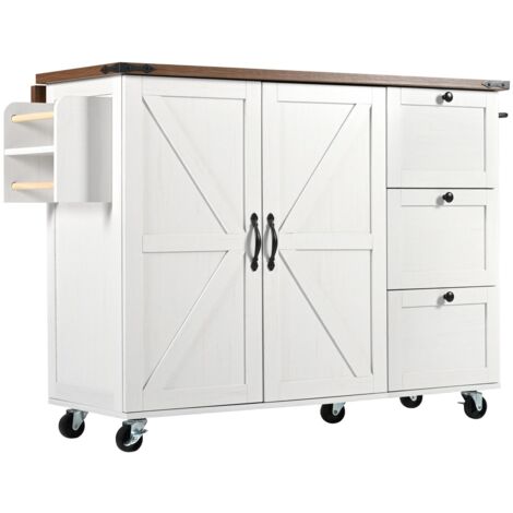 Îlot De Cuisine Mobile Avec Plan Coulissant - Chariot 3 Tiroirs & 2 Portes - Meuble De Cuisine Pratique Et Design