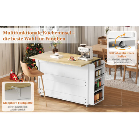 Îlot de cuisine mobile avec plan de travail pliable, chariot de cuisine, 5 roues, porte-épices et tiroir à couverts. Dimensions : 120 x 45 (70) x 90 cm