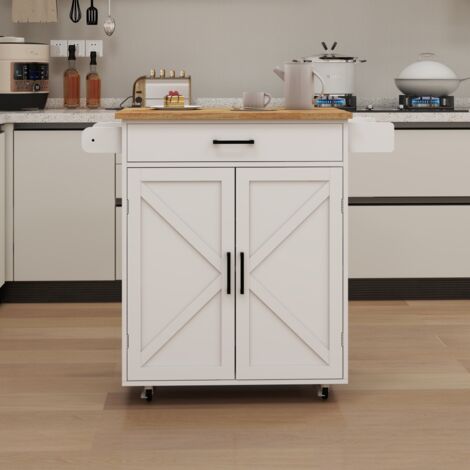 Îlot de cuisine mobile avec plateau en bois d’hévéa, étagères réglables et rangements pour serviettes et épices
