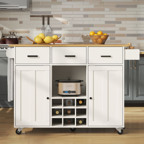Îlot de cuisine mobile avec rangements et plan de travail pliable, tiroirs, rangements et roulettes – Blanc