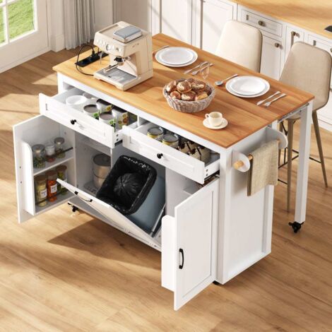 Îlot de cuisine mobile blanc avec roulettes plateau prises intégrées extension repas