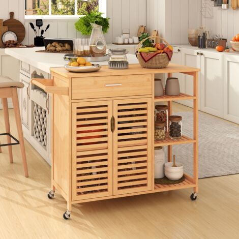 Îlot de Cuisine Mobile de 90 cm Chariot de Rangement en Bambou avec Roues Bloquables Tiroir Étagères Ouvertes et Armoire à 2 Portes Naturel
