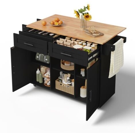 Îlot de Cuisine Mobile - Desserte de Cuisine sur Roulettes - Chariot Multifonction avec Plan de Travail Rabattable - 145 cm - Imitation Bois