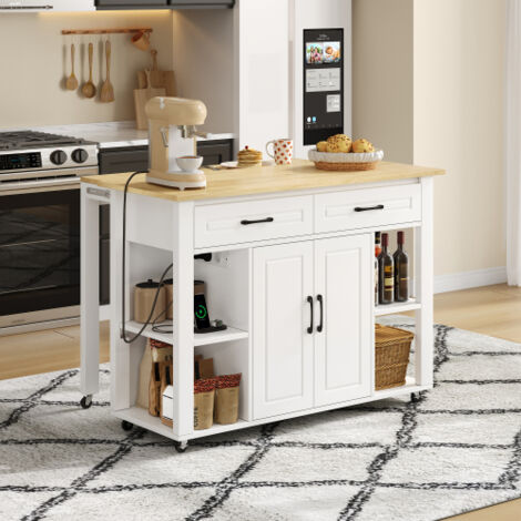 Îlot de cuisine mobile et extensible, équipé d'un comptoir et de prises électriques, avec 2 tiroirs et 2 portes d'armoires à étagères, 120 × 77 × 93 cm