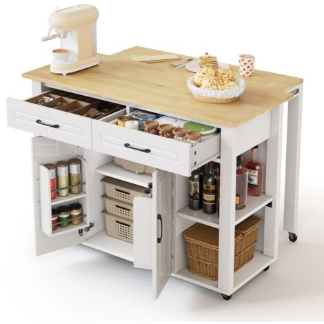 Îlot de cuisine mobile extensible 120x77x93cm avec bar et prises, 2 tiroirs et rangements. Idéal pour cuisine et salon - Blanc + Naturel