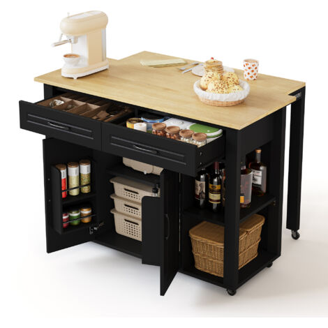 Îlot de cuisine mobile extensible de 120 cm avec comptoir-bar et prises électriques, comprenant 2 tiroirs et 2 portes d'armoire avec étagères. Convient aux cuisines, salles à manger, salons, etc.