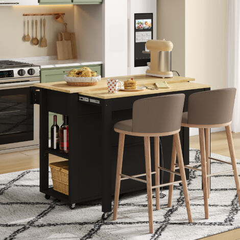 Ilot de cuisine mobile extensible,chariot de cuisine sur roulettes,prises de courant, 2 tiroirs et 2 portes,étagères de porte (Noir+Naturel)