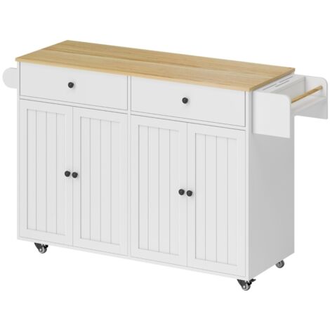 Îlot de cuisine mobile MDF blanc avec 2 tiroirs, placards et porte-serviettes, meuble rangement moderne