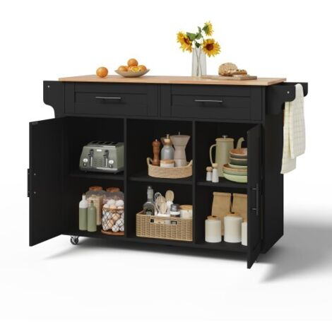 Îlot de cuisine mobile multifonctionnel, équipé d'un plan de travail rabattable, d'étagères réglables, de 5 roulettes et d'un tiroir à couverts dissimulé, 145 x 45 x 94,5 cm, ——idéal pour la cuisine, 