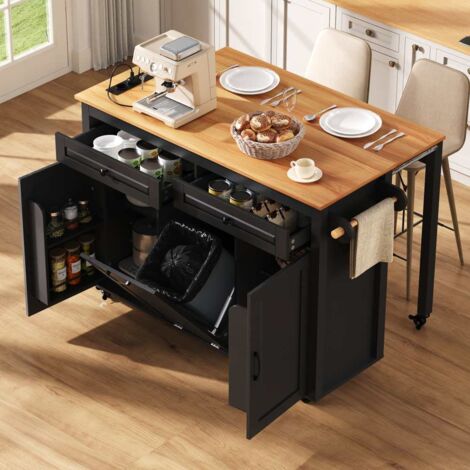 Îlot de cuisine mobile noir avec roulettes plateau prises intégrées extension repas