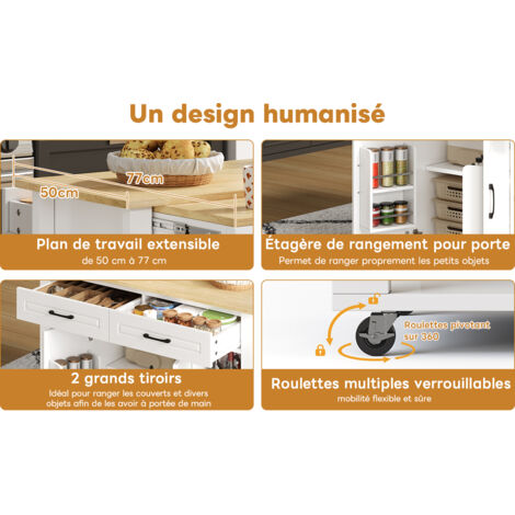 Îlot de cuisine mobile pouvant s’étendre jusqu’à 120 cm de longueur. Il est équipé d’un comptoir et de prises électriques. L’îlot comprend également deux tiroirs
