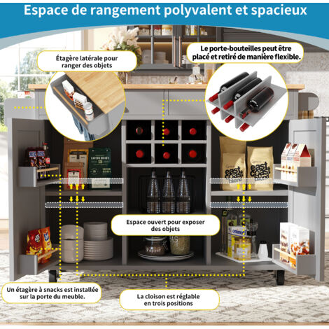 Îlot de cuisine moderne (102×45×92 cm). Meuble de cuisine, meuble à tiroirs. Tablettes pour les plats, avec motif en bois. Table de repas multifonctionnelle, avec espace de rangement. Gris.