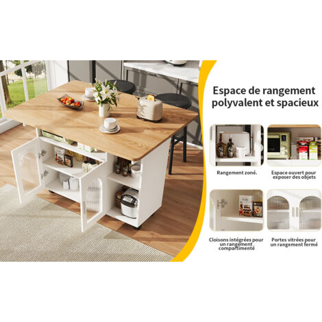Îlot de cuisine moderne, île de la cuisine… Meuble de cuisine, étagère amovible pour les plats… Coiffeuse avec motif en bois… Table à manger multifonctionnelle, avec espace de rangement… Blanc.