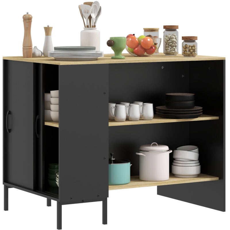 Homcom - lot de cuisine multi-rangement - 2 étagères, placard 2 portes coulissantes avec étagère, porte couteaux - acier panneaux noir chêne clair