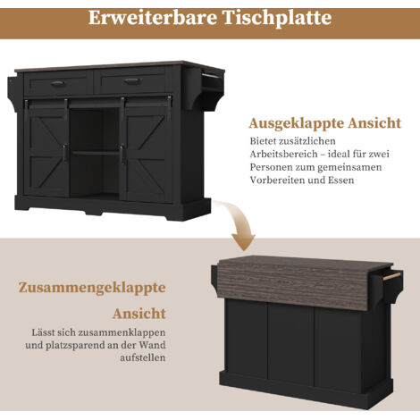 Îlot de cuisine noir 120×45(70)×91cm plan pliant sur roues,2 portes coulissantes et 2 tiroirs style grange pour rangement.