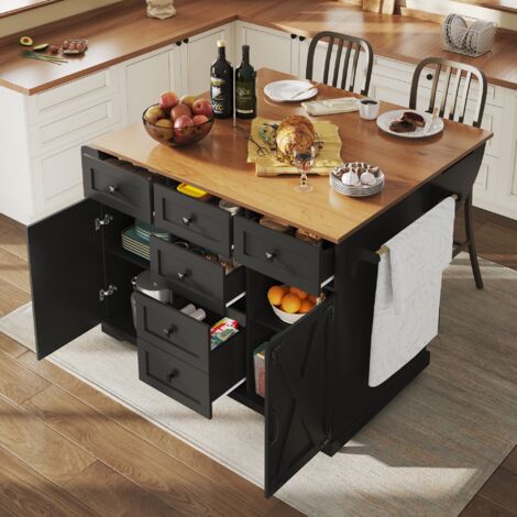 Îlot de cuisine noir haut de gamme sur roues avec grand rangement,conception buffet mobile pour cuisine,salle à manger et salon.