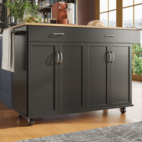 Îlot de cuisine noir moderne 106×50×90,5cm en bois,multifonction avec grand espace de rangement pour cuisine et salon.