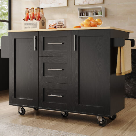 Îlot de cuisine noir séparateurs et roulettes amovibles,plan de travail grain bois,porte-serviettes latéral sur roues.