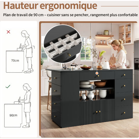 Îlot de cuisine, planche à découper avec des pieds bas, armoire de cuisine avec 6 tiroirs et des pieds bas. La largeur peut être ajustée : 140×40 (70)×89 cm. Couleur : blanc/noir.