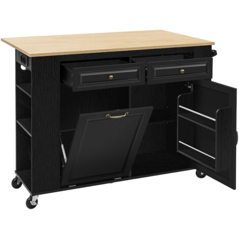 Îlot de Cuisine Roulant avec Table Extensible, Espace Poubelle et Porte-Serviettes, Chariot de Service Mobile pour Cuisine et Salle à Manger, Noir