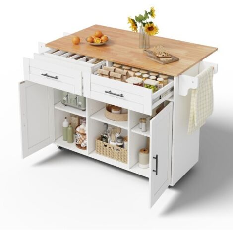 Îlot de Cuisine sur Roulettes - Desserte de Cuisine Mobile - Chariot Multifonction avec Plan de Travail Rabattable - 145 cm - Effet Bois