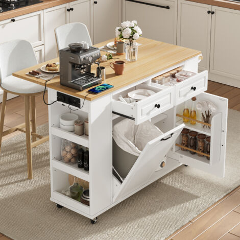 Îlot de cuisine sur roulettes, table à manger extensible, îlot de cuisine avec poubelle et porte-serviettes, et prise électrique.
