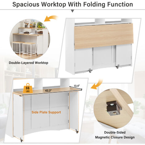 Îlot de cuisine sur roulettes. Zone de repas aménagée avec des chaises. Meuble de rangement généreux. Idéal pour la cuisine et le salon comme meuble de rangement. Blanc.