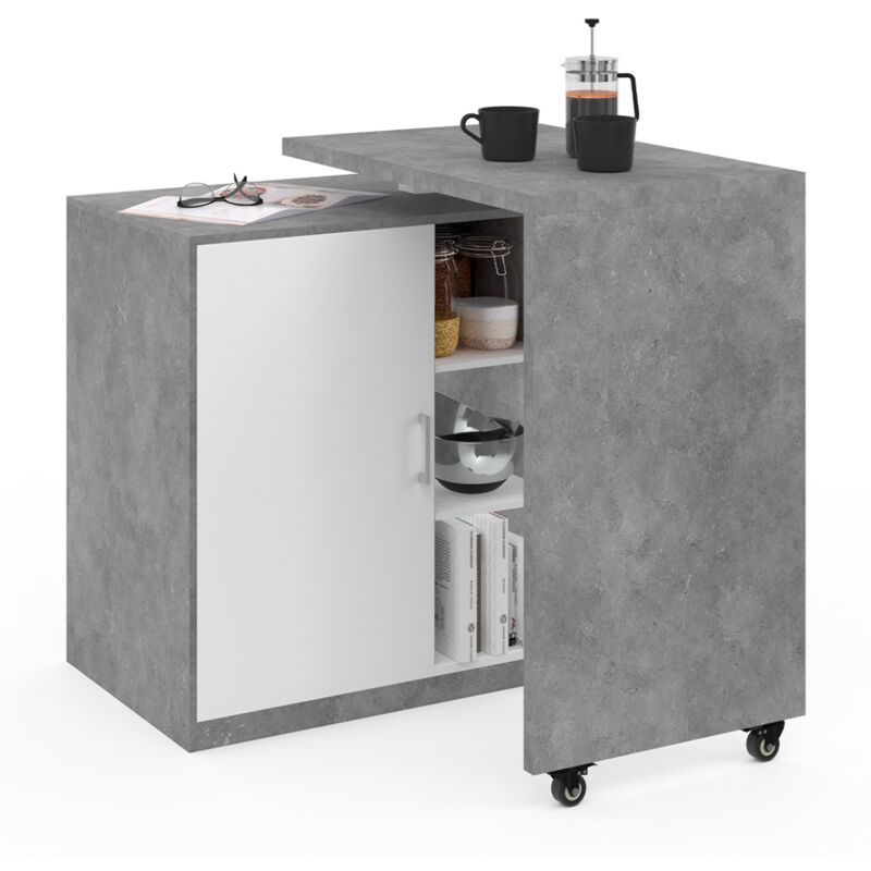 Ilot rotatif polo meuble de bar pivotant 2 en 1 imitation béton porte blanche