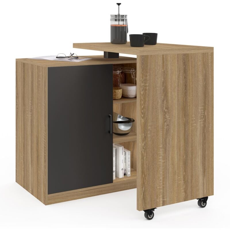 Ilot rotatif polo meuble de bar pivotant 2 en 1 imitation hêtre porte noire