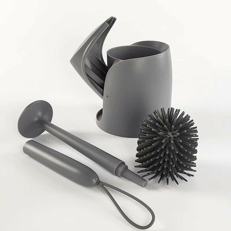 Ilovemono Brosse de toilette en silicone avec brosse de nettoyage en plastique à poils souples à long manche, 12,6 * 53 CM gris