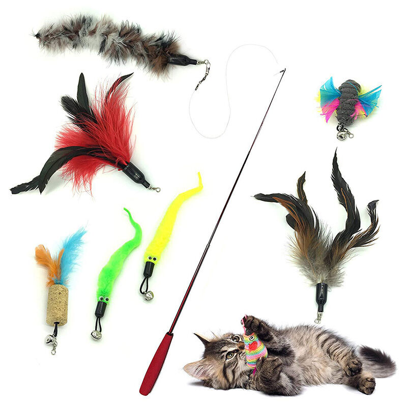ILoveMilan Jouet de chat de canne à pêche, jouet de jeu amusant interactif avec baguette télescopique, avec 7 plumes, peut être utilisé pour les