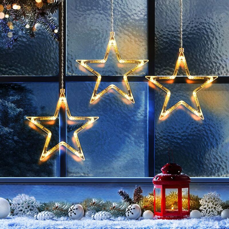 ILoveMilan Lichterketten für Fenster, Weihnachtsdekoration Lichter, fünfzackige Sternornamente, wasserdicht im Freien, Weihnachtshintergrund für