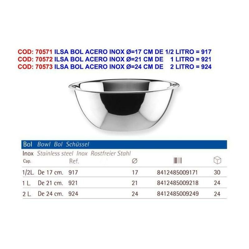 

MIBRICOTIENDA ilsa bol acero inox ø 24 cm de 2 litro 924