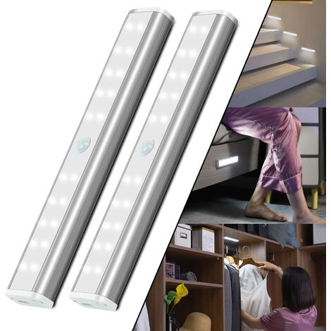 Iluminación de gabinete LED con detector de movimiento, luz de gabinete recargable por USB, tira de luz de 2 temperaturas de color para cocina, armario, escaleras (2 piezas)
