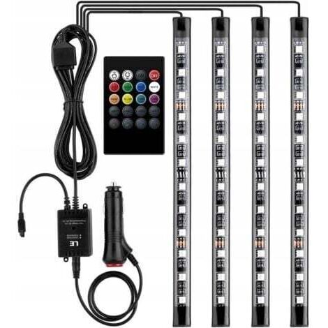 Iluminación LED para interior de coche de 12 V con 4 tiras LED multicolor RGB de 48 LED, 3 m, controlable con mando a distancia