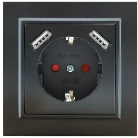 IluminaShop - Enchufe Empotrable Tipo F Schuko Con Doble USB Negro 16A IP20 Serie wLine