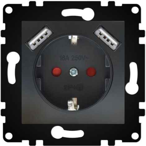 IluminaShop - Enchufe Empotrable Tipo F Schuko Con Doble USB Negro 16A IP20 Serie wLux