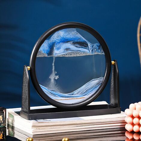 Image d'art de sable mobile Décor d'océan, mouvement liquide de paysage de mer profonde 3D, cadre en verre rond Sable qui coule Cadeau relaxant pour enfants adultes Home Office Work Bureau Décoration