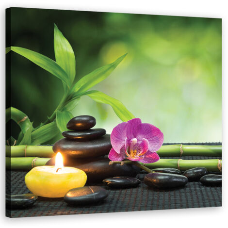 Image sur toile, composition Zen avec bougie et fleurs - 30x30
