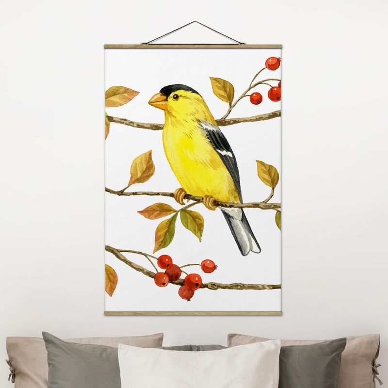 

Imagen de tela - Birds And Berries - American Goldfinch - Alto 3:2 Dimensión LxA: 120cm x 80cm