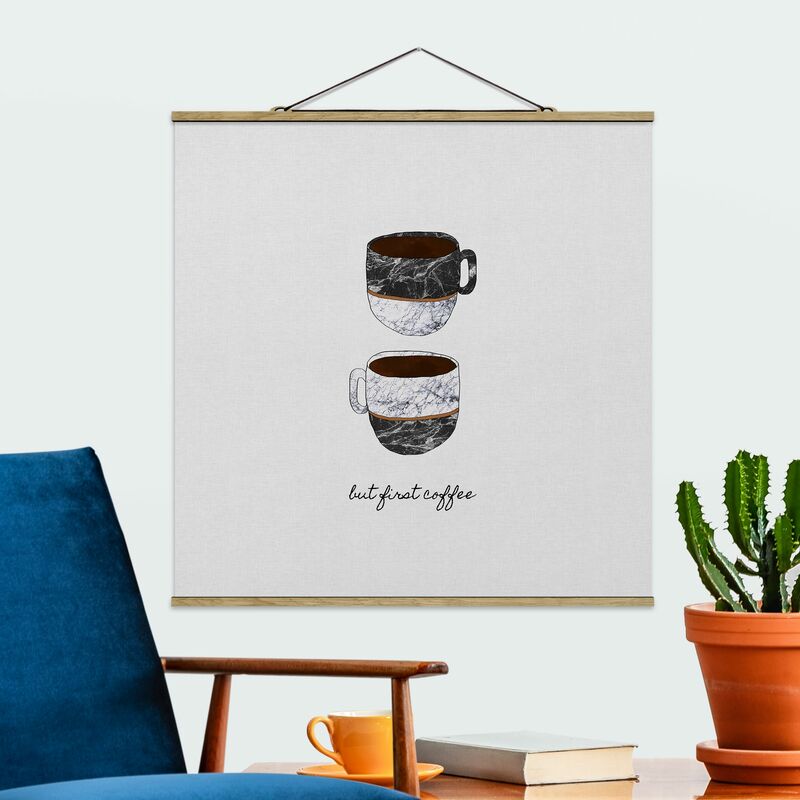 

Imagen de tela - Coffee Mugs Quote But first Coffee - Cuadrado 1:1 Dimensión LxA: 80cm x 80cm