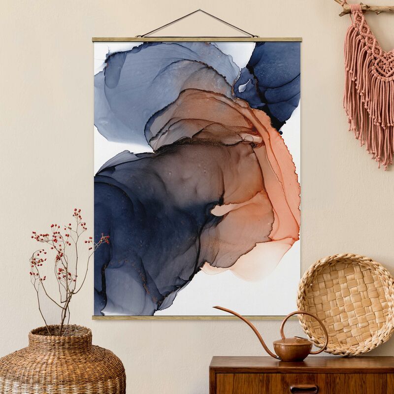 

Imagen de tela - Drops Of Ocean Blue And Orange With Gold - Alto 4:3 Dimensión LxA: 133.5cm x 100cm