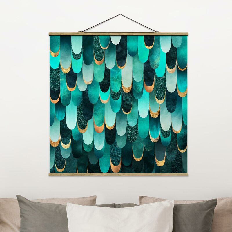 

Imagen de tela - Elisabeth Fredriksson - Feathers Gold Turquoise - Cuadrado 1:1 Dimensión LxA: 80cm x 80cm