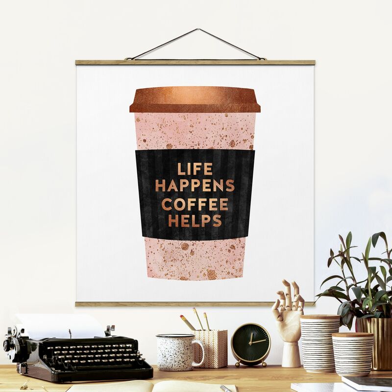 

Imagen de tela - Elisabeth Fredriksson - Life Happens Coffee Helps Gold - Cuadrado 1:1 Dimensión LxA: 80cm x 80cm