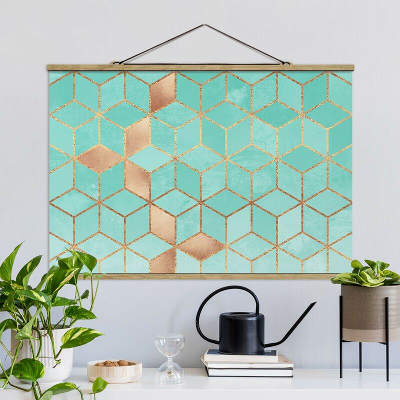 

Imagen de tela - Elisabeth Fredriksson - Turquoise White Golden Geometry - Apaisado 2:3 Dimensión LxA: 33.5cm x 50cm