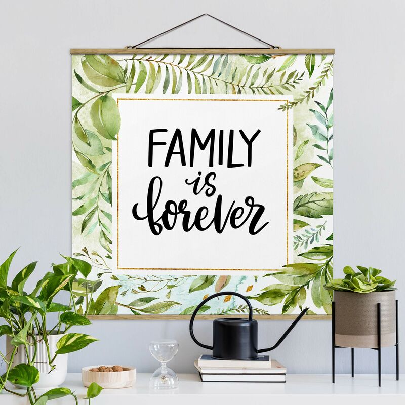 

Imagen de tela - Famiy Is Forever In Golden Frame With Palm Fronds - Cuadrado 1:1 Dimensión LxA: 80cm x 80cm